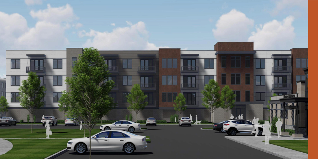 An exterior rendering of multiple Flats and the parking lot