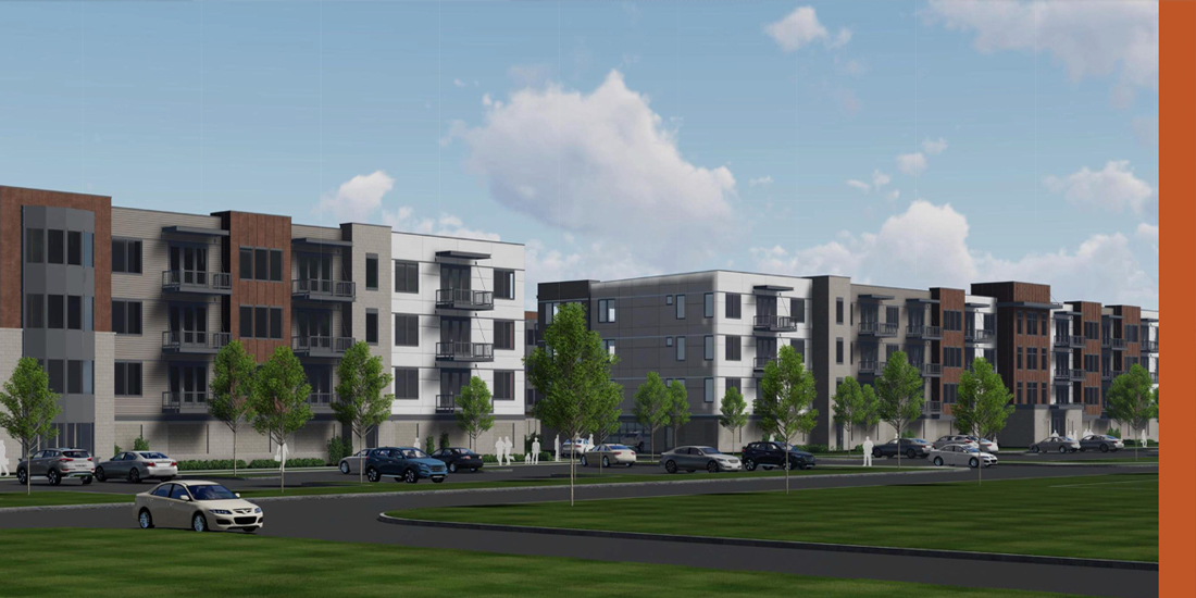 An exterior rendering of multiple Flats